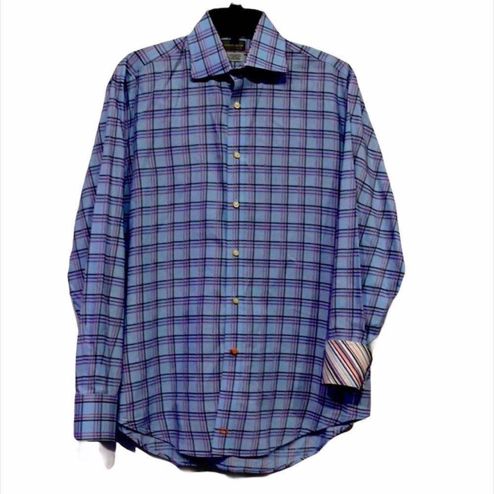 Thomas Dean Long Sleeve Dress Shirt Flip Sleeve Mens Medium Blue 100% Cotton
